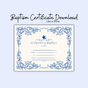 Certificado de bautismo, Certificado de bautismo "Como una paloma", Certificado de bautismo imprimible, Certificado de bautismo azul