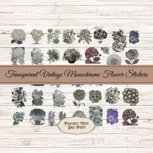 Vintage Floral Stickers,Monochrome Stickers, Transparent Stickers, Invisible Stickers, Digital Stickers, Instant Download, Vintage Stickers