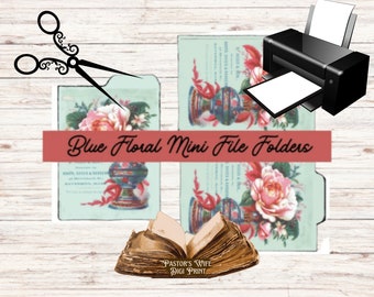 Floral bleu, mini chemises de classement, mini chemises de classement numériques, Floral vert, mini chemises de classement imprimables, mini chemises de classement vintage,