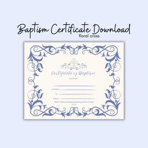 Certificado de bautismo, Certificado de bautismo con cruz floral, Certificado de bautismo imprimible, Certificado de bautismo azul