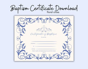 Certificado de Bautismo con Cruz Floral: Azul Imprimible (Descarga Digital)