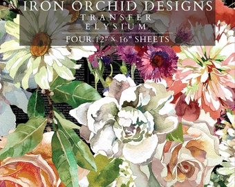 May include: Four 12" x 16" sheets of transfer paper with a floral design featuring roses, peonies, and other flowers in shades of pink, white, and green. The text "IRON ORCHID DESIGNS TRANSFER ELYSIUM" is printed on the paper.