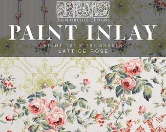 May include: Paint Inlay by Iron Orchid Designs, a set of eight 12 x 16 inch sheets featuring a floral pattern with pink roses and green leaves on a white background, and a damask pattern with red swirls on a white background. The text "Lattice Rose" is printed on the image.