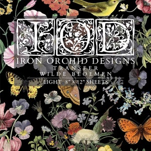 May include: A black background is filled with a collage of colorful flowers, butterflies, and a small bird. The text "IRON ORCHID DESIGNS" and "WILDE BLOEMEN" is visible, along with "EIGHT 8" x 12" SHEETS".