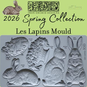 May include: A gray silicone mold from the 2026 Spring Collection, featuring rabbit designs and decorative floral elements. The mold includes the text "Les Lapins Mould" and measurements in milliliters and grams.