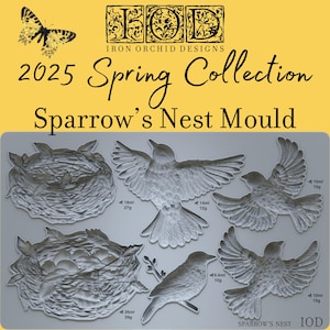 May include: A silicone mold for making sparrow's nests and sparrows. The mold is gray and has a textured surface. The mold is divided into six sections, each with a different design. The designs include a nest with eggs, a sparrow in flight, and a sparrow perched on a branch. The mold is labeled "Sparrow's Nest Mould" and "IOD".