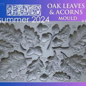 May include: A gray silicone mold with 10 different shapes of oak leaves and acorns. The mold is labeled "Oak Leaves & Acorns IOD" and "Summer 2024 Mould 4 of 4".