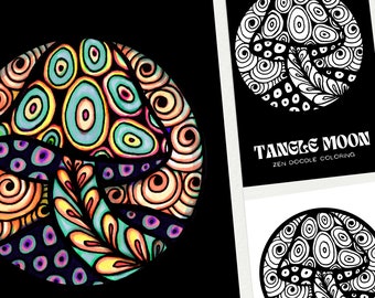 Moon Mushroom Zentangle Coloring: Hippie Décor Printable PDF Download | Plantlet