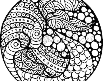 BUBBLE MERMAID-Zentangle PDF Coloring Page