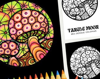 Zentangle Mushroom Moon Coloring Printable for Mushroom Aesthetic or Enchanted Forest Décor and Stress Relief Gift | Bulb Cap Mushroom
