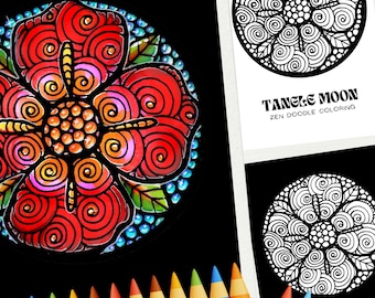Flower Moon 'Fleur' Zen Doodle Coloring Pack: Large Four-Petal Flower Design for Teens and Adults - Instant Download