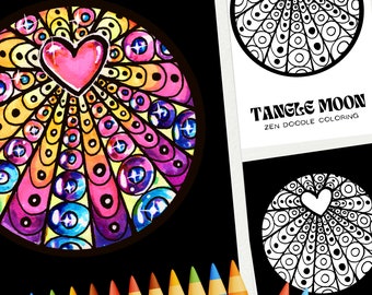 Heart Shine Valentine Coloring Pages Printable | Zentangle Wall Art - Instant Download for Handmade Valentine