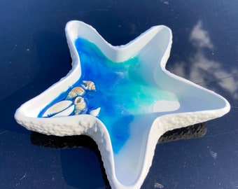 Starfish Shaped Ocean Wave Ring Dish | Trinket Tray | Key Bowl | Concrete Dish | Jewelry Holder | Beach Scene | Handmade Gift | Home Decor