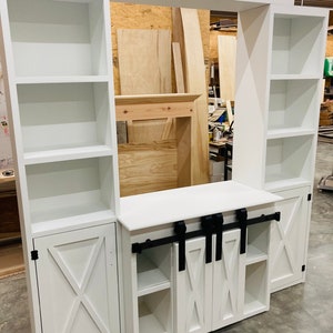 Entertainment Center, barndoors, rustic, tv console, media, living room, country, white, buffet, sideboard