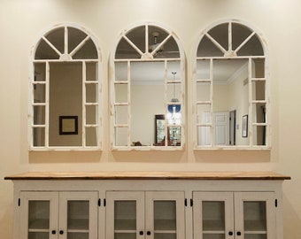 Credenza buffet, Distressed White Sideboard with glass doors, hutch, media console, media cabinet, tv console