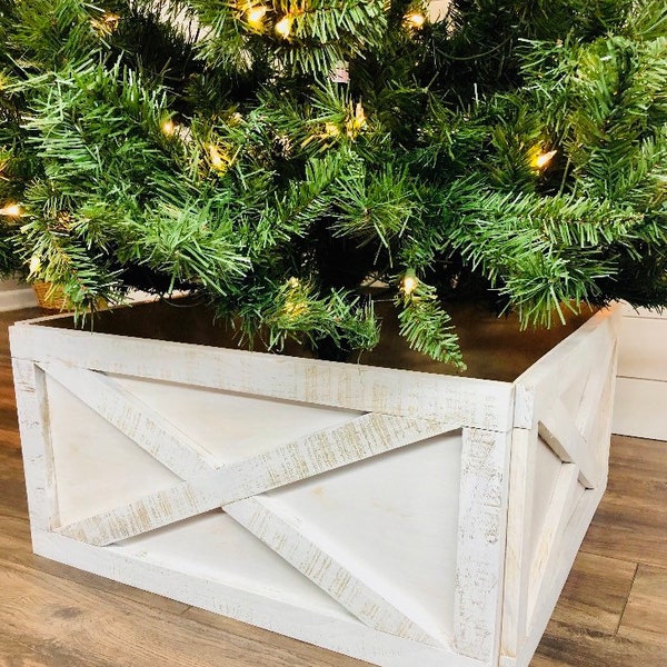 Christmas Tree Box, FREE SHIPPING, Tree Skirt, Christmas, rustic, distressed, farmhouse, collapsible, tree collar, 4 sides