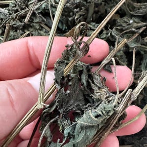 May include: Close-up of dried green leaves and stems. The leaves are a mix of green and brown, with some curling at the edges. The stems are thin and brown. The image suggests a natural, herbal product.