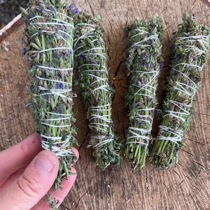 Könnte beinhalten: Vier Bündel getrockneter Kräuter und Blumen, die mit Schnur zusammengebunden sind und auf einer Holzoberfläche angeordnet sind. Die Bündel sind eine Mischung aus grünen und violetten Farbtönen.