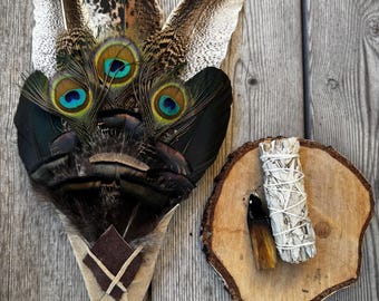 Feather Smudge Fan - Turkey, Peacock, Rooster Feathers - Shaman Tool