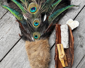 Smudging Feather Fan – Turkey, Peacock, Rooster Feathers, Shaman Tool