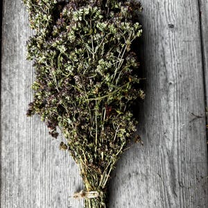 May include: A bunch of dried herbs tied together with twine. The herbs are a light green colour and have a slightly brown hue. The herbs are arranged in a bouquet shape.