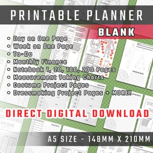 Pode incluir: Planeador imprimível com uma variedade de páginas, incluindo páginas diárias, semanais, de tarefas, de finanças mensais, de caderno, de tabelas de tomada de medidas, de projetos de figurinos e de projetos de costura. O planeador é do tamanho A5, que é 148 mm x 210 mm.