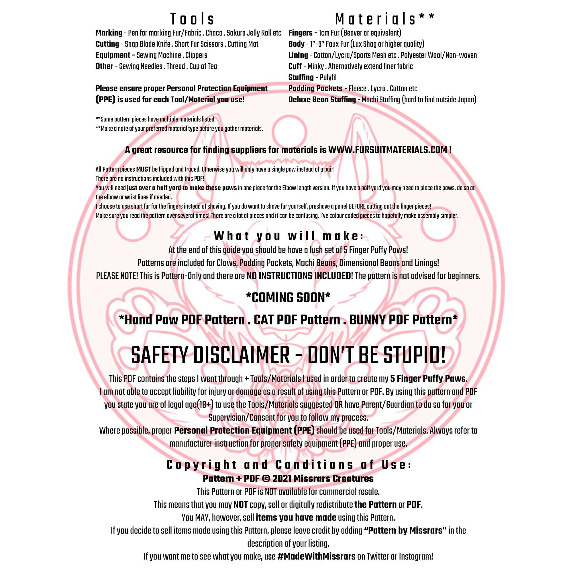 PDF PATTERN 5 Finger Puffy Fursuit Paws - Digital Download - Pattern ...