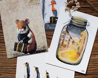 Set de cartes postales - Streetart Flensburg - 4 Motifs / Format DIN A6 / Cartes postales de l’artiste N.M.