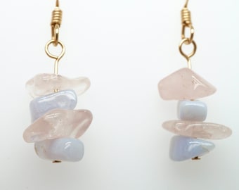 Handmade Rose Quartz and Blue Lace Agate Gold Plated Earrings