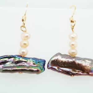 Gorgeous handmade gold earrings with natural black and pink fresh water pearls