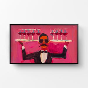 May include: An abstract painting of a waiter in a tuxedo holding two trays of wine glasses. The waiter has a large mustache and sunglasses. The background is a vibrant pink.
