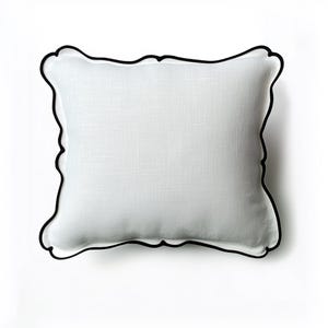White Linen Decorative Throw Pillow  – Scalloped Edge Cushion | Square Accent Euro Pillow Cover + Feather Insert Neutral Modern Decor