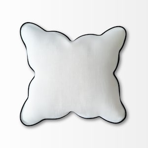 White Linen Decorative Throw Pillow  – Scalloped Edge Cushion | Square Accent Euro Pillow Cover + Feather Insert Neutral Modern Decor