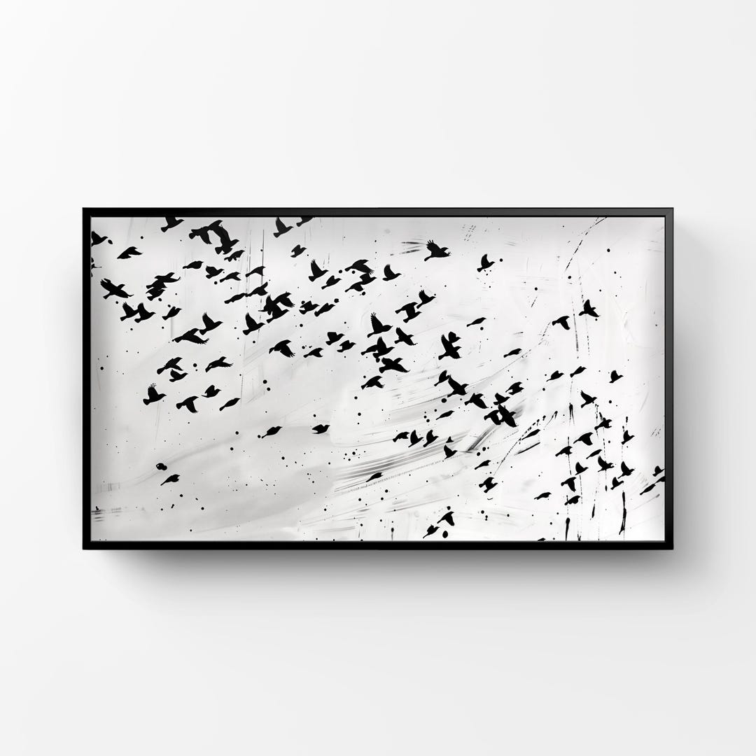 Minimal Black Birds Flying Abstract Art, Textured Bird Flock in Sky Oil ...