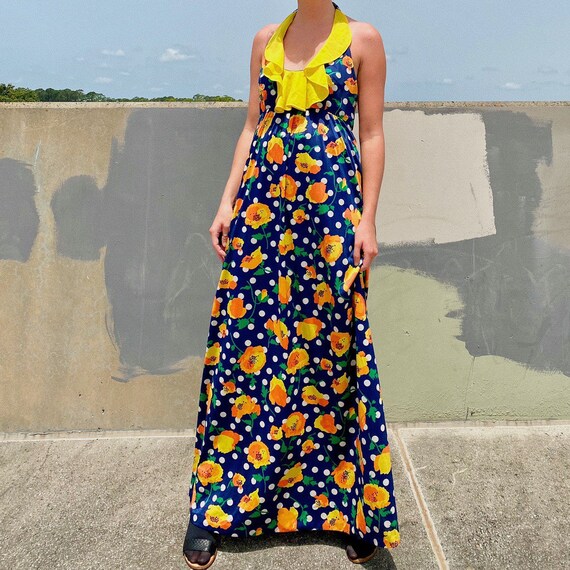 70s Blue Floral Maxi Dress.