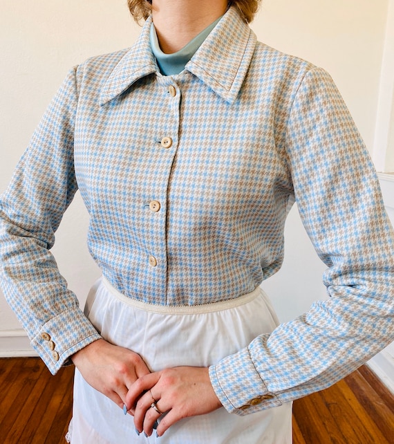 1970’s Baby blue houndstooth micro plaid dagger co