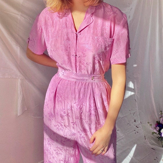 1930s hand dyed lilac Chinese Silk beach pajamas.