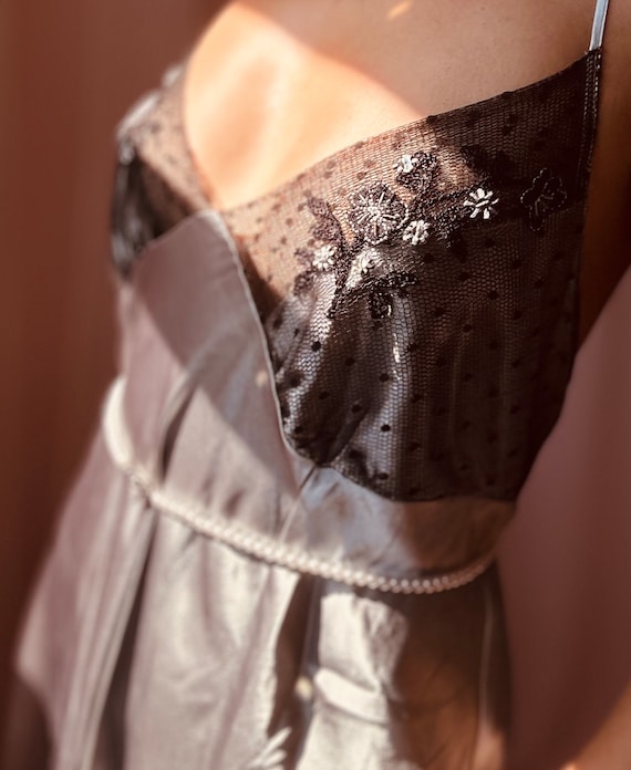 Vintage Silver + black lace slip dress