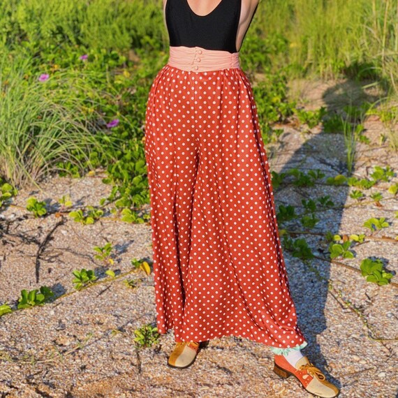 Vintage 70s sienna polka dot, wide leg bell bottom