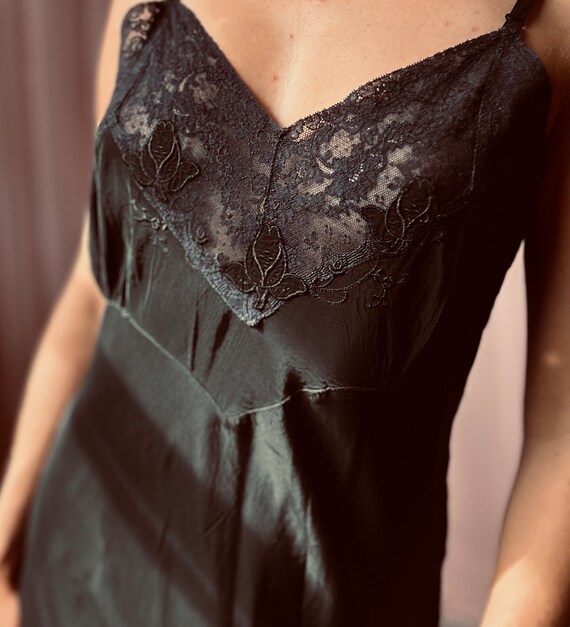1930s gothic black silk embroidered lace slip dres