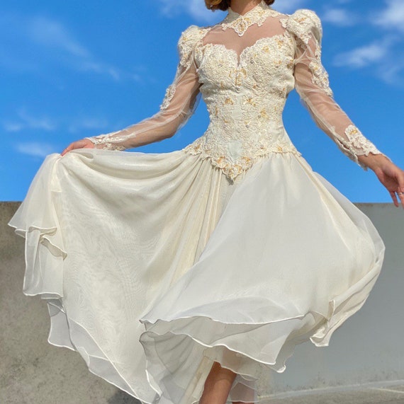 Vintage 70s Victorian Revival Cream Beaded Wedding