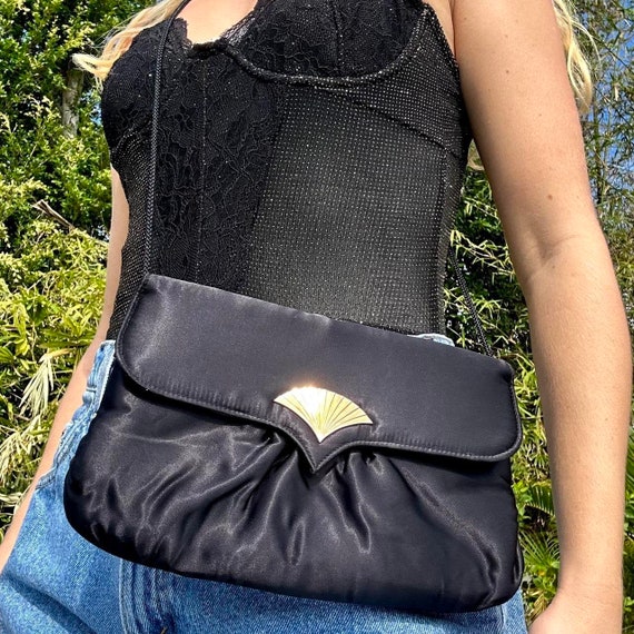 1980s black satin clamshell shoulder bag - image 1