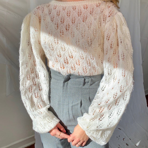 1960s vintage white Mohair eyelet lace knit sweate