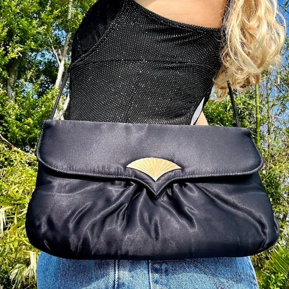 1980s black satin clamshell shoulder bag - image 4