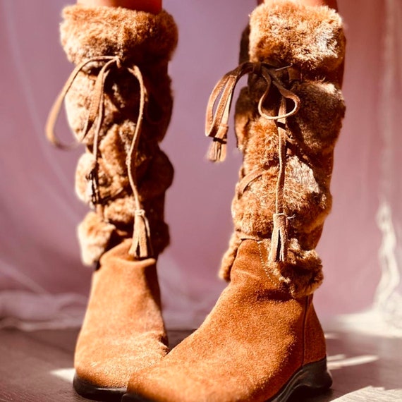 1970s tan suede + faux fur platform boots - image 1