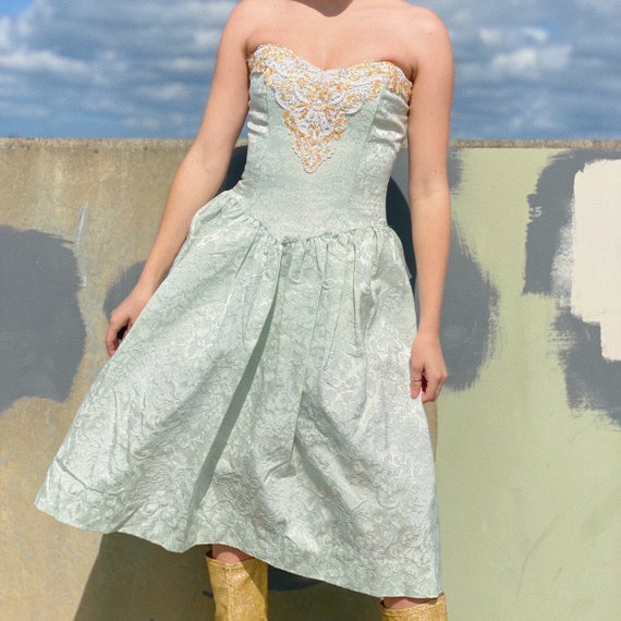 Vintage 70s blue victorian strapless dress.