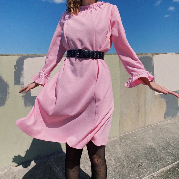Vintage 60s Pink Crochet Lace Dress.
