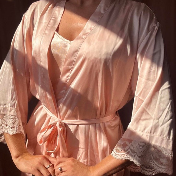 1970s pink satin lace robe - image 1