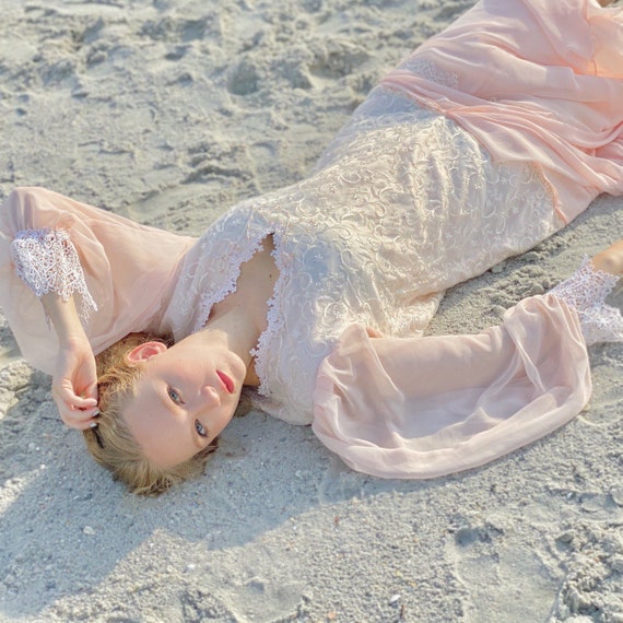 80s pink chiffon white lace dress.