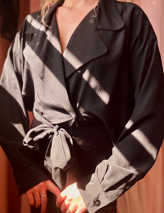 1980s black 100% Silk wrap blouse
